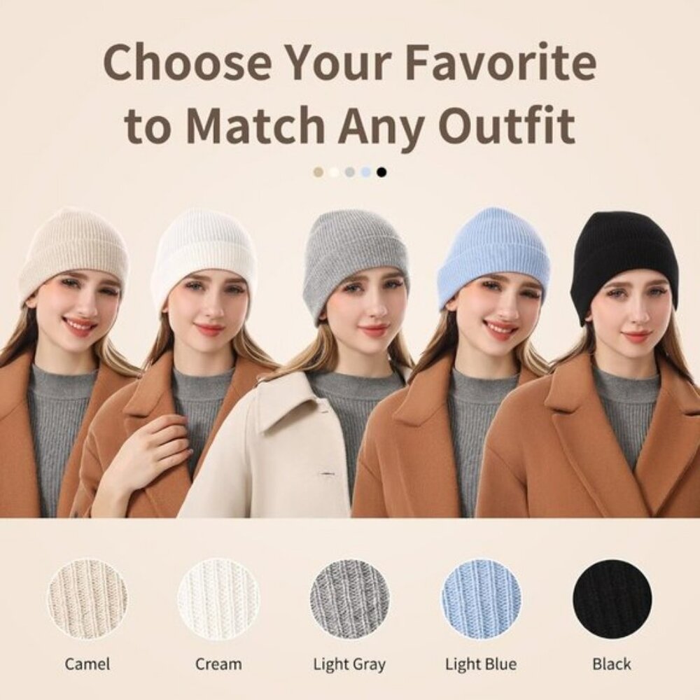 ⚡Women Black 100% Pure Mongolian Cashmere Knit Hat Ultra Soft Winter Beanie - Picture 4 of 9